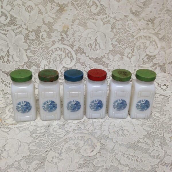 Vintage, 6-pc Blue Willow Milk Glass, Spice Jar Set with Metal Rack