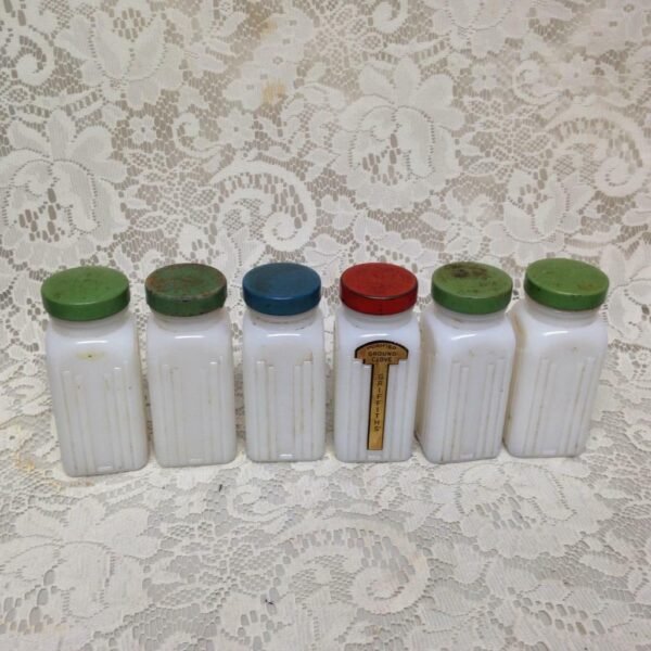 Vintage, 6-pc Blue Willow Milk Glass, Spice Jar Set with Metal Rack