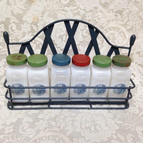 Vintage, 6-pc Blue Willow Milk Glass, Spice Jar Set with Metal Rack