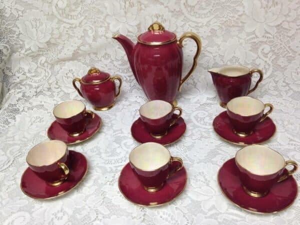 Vintage, Carlton Ware, England, 17pc Burgundy DemitasseTea Set for 6