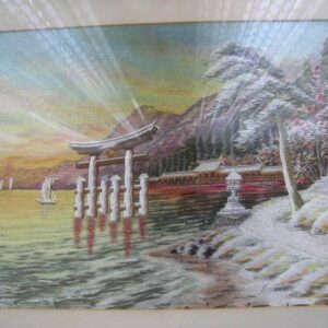 Vintage, Framed Silk Needlework of a Pagoda and Sailboats