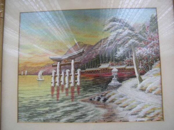 Vintage, Framed Silk Needlework of a Pagoda and Sailboats