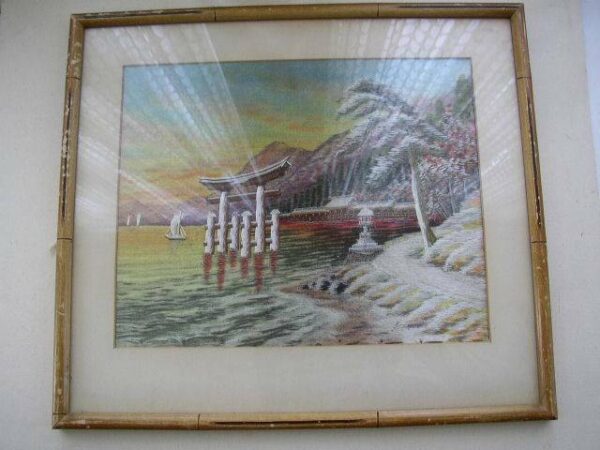 Vintage, Framed Silk Needlework of a Pagoda and Sailboats