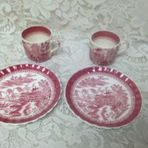 Antique, Spode-Copeland, England, Variant Red- Blue Willow 4pc Cups and Saucers