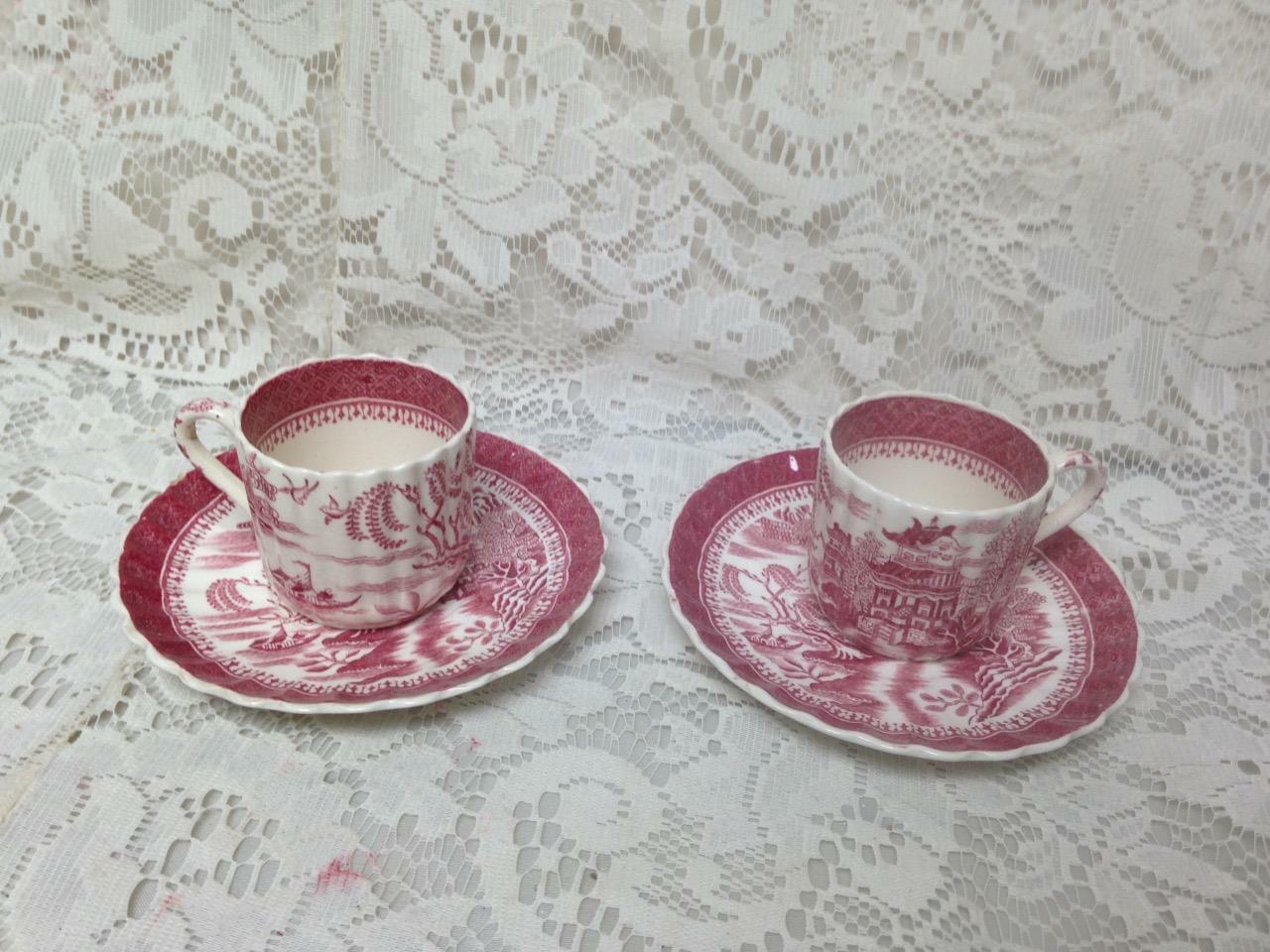 Antique, Spode-Copeland, England, Variant Red- Blue Willow 4pc Cups and Saucers