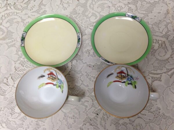 Antique Noritake-Moriyama Gaudy Blue Willow 6pc Trio Cups, Saucers, Bread Plates