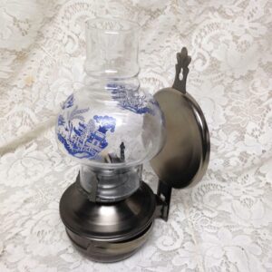 Vintage, Rare, Beautiful 4-pc Blue Willow-Pewter Oil Lamp/ Reflector 11in x 6in