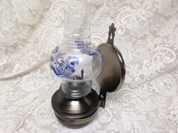 Vintage, Rare, Beautiful 4-pc Blue Willow-Pewter Oil Lamp/ Reflector 11in x 6in