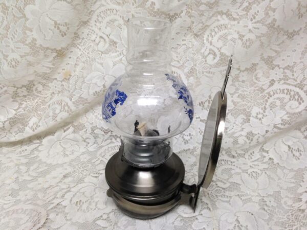 Vintage, Rare, Beautiful 4-pc Blue Willow-Pewter Oil Lamp/ Reflector 11in x 6in