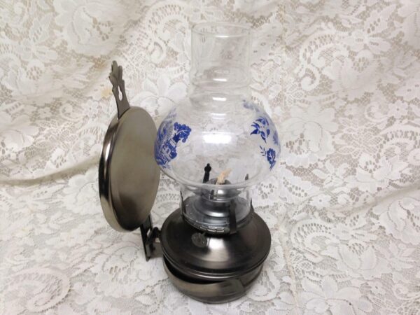 Vintage, Rare, Beautiful 4-pc Blue Willow-Pewter Oil Lamp/ Reflector 11in x 6in