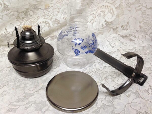 Vintage, Rare, Beautiful 4-pc Blue Willow-Pewter Oil Lamp/ Reflector 11in x 6in