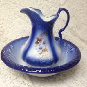 Vintage, Large, 12in H x 9in Flow Blue Floral Pitcher With 16in Washbowl