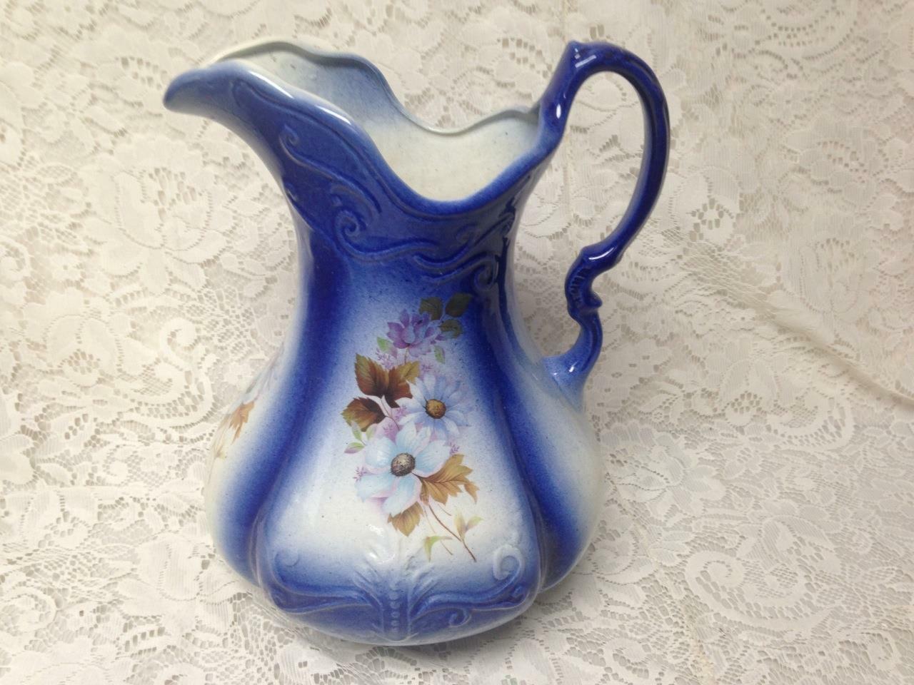 Vintage, Large, 12in H x 9in Flow Blue Floral Pitcher With 16in Washbowl