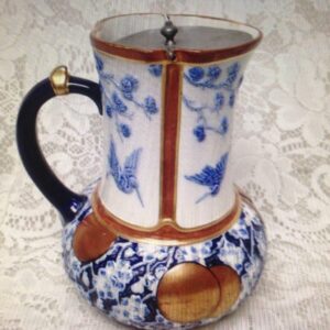 Antique, Tofts, Blue, Gold White Pitcher-Jug with Pewter Lid 7.25in H x 6in W