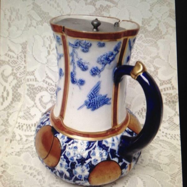 Antique, Tofts, Blue, Gold White Pitcher-Jug with Pewter Lid 7.25in H x 6in W