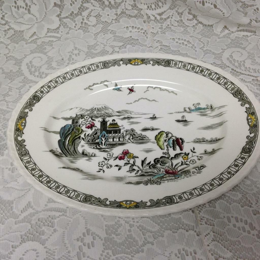 Vintage, Rare, Myott, England,Variant, Gaudy Blue Willow, 12.5×10 Oval Platter