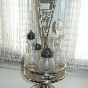 1878 Wilcox Silver Plated Stand, Engraved Blown Glass Castor- Condiment Set