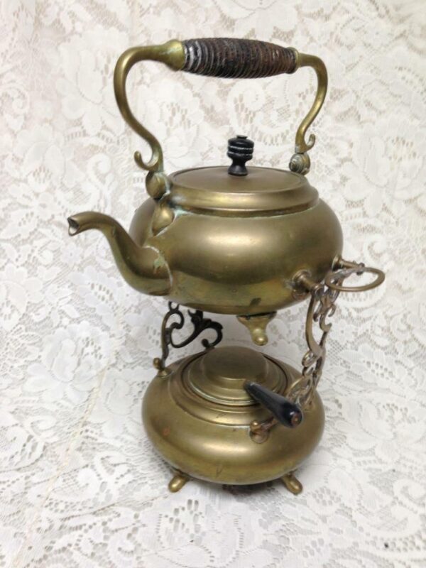 Antique, Rare, 3pc Brass Tea Kettle with Burner and Stand 12in T x 8.5in W