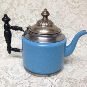 Antique, Manning & Bowman, Blue Enamelware Teapot or Tea Kettle 9.5in x 7in