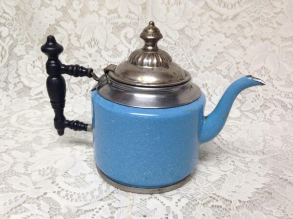 Antique, Manning & Bowman, Blue Enamelware Teapot or Tea Kettle 9.5in x 7in