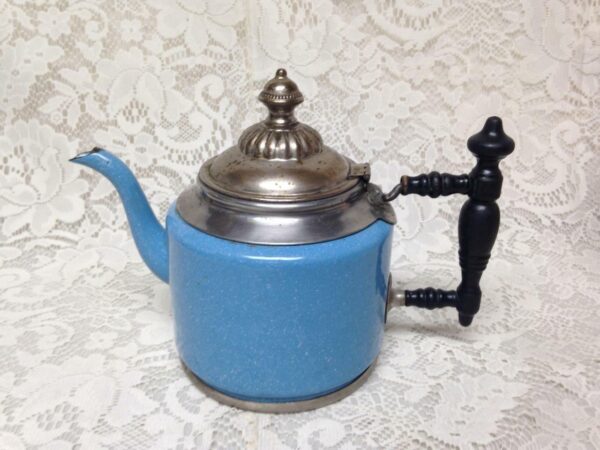 Antique, Manning & Bowman, Blue Enamelware Teapot or Tea Kettle 9.5in x 7in