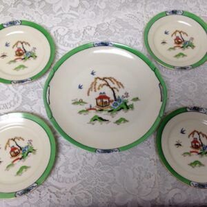 Vintage, Noritake, Japan, Variant Gaudy Blue Willow 5pc Cake Set