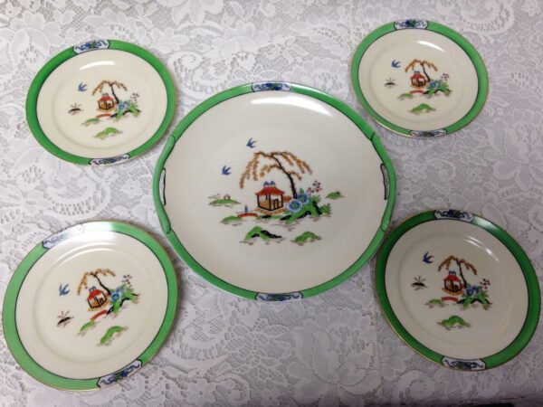 Vintage, Noritake, Japan, Variant Gaudy Blue Willow 5pc Cake Set