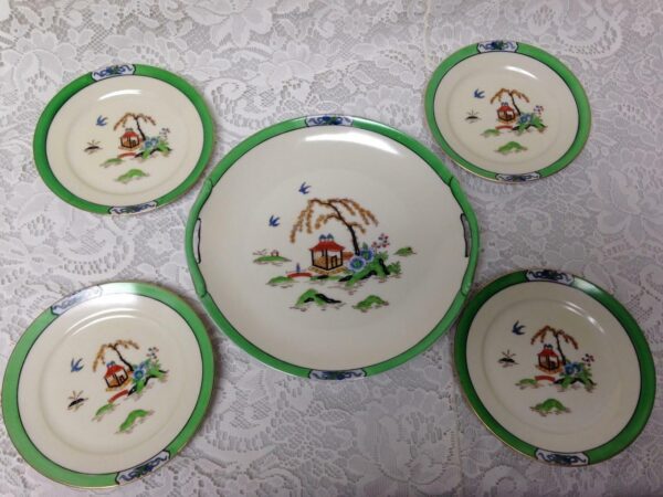 Vintage, Noritake, Japan, Variant Gaudy Blue Willow 5pc Cake Set