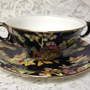 Vintage, Royal Winton Grimwades, Variant Gaudy Blue Willow Bouillon Cup n Saucer