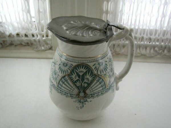 1885 Ceramic RTC Ltd. Hanley, Staffordshire, England 7.5in Pitcher w/ Pewter Lid