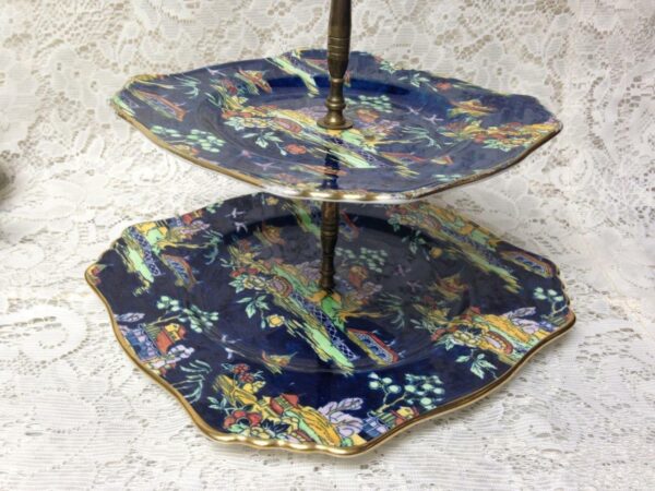 Vintage, Royal Winton, Variant Gaudy Blue Willow 2-tier Tidbits Tray 9in & 7in