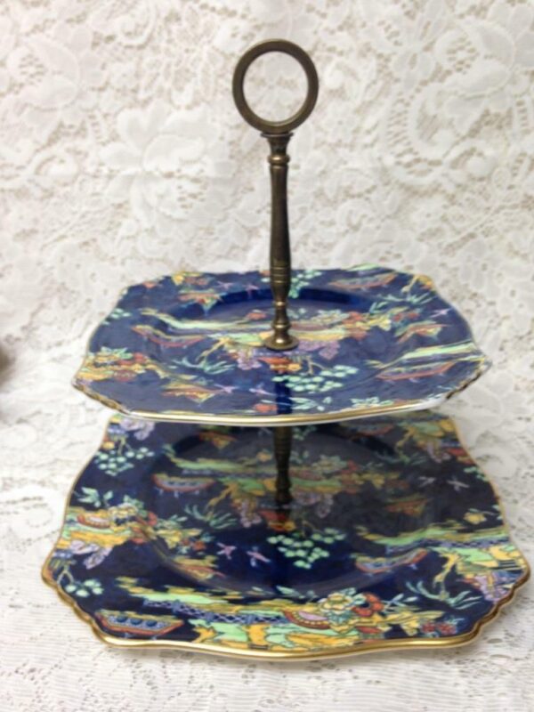 Vintage, Royal Winton, Variant Gaudy Blue Willow 2-tier Tidbits Tray 9in & 7in