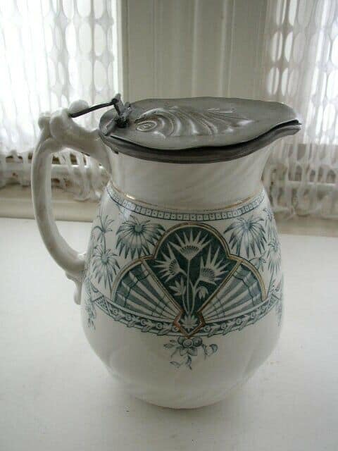 1885 Ceramic RTC Ltd. Hanley, Staffordshire, England 7.5in Pitcher w/ Pewter Lid