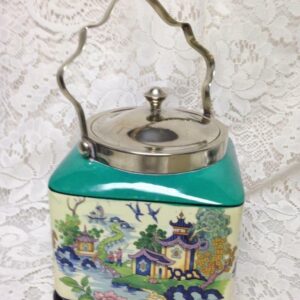 Antique LS & Sons Hanley England Gaudy Blue Willow, 7inx5in Sq. Biscuit Jar (G)