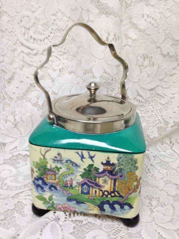 Antique LS & Sons Hanley England Gaudy Blue Willow, 7inx5in Sq. Biscuit Jar (G)