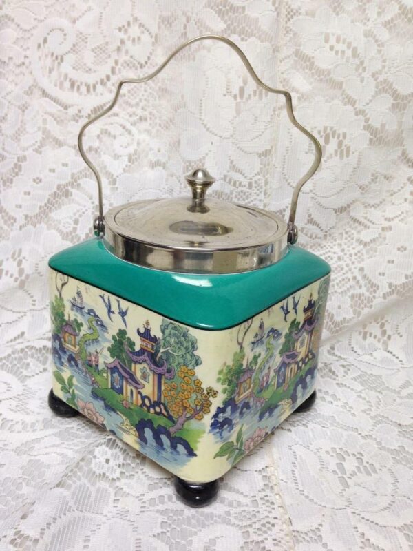 Antique LS & Sons Hanley England Gaudy Blue Willow, 7inx5in Sq. Biscuit Jar (G)