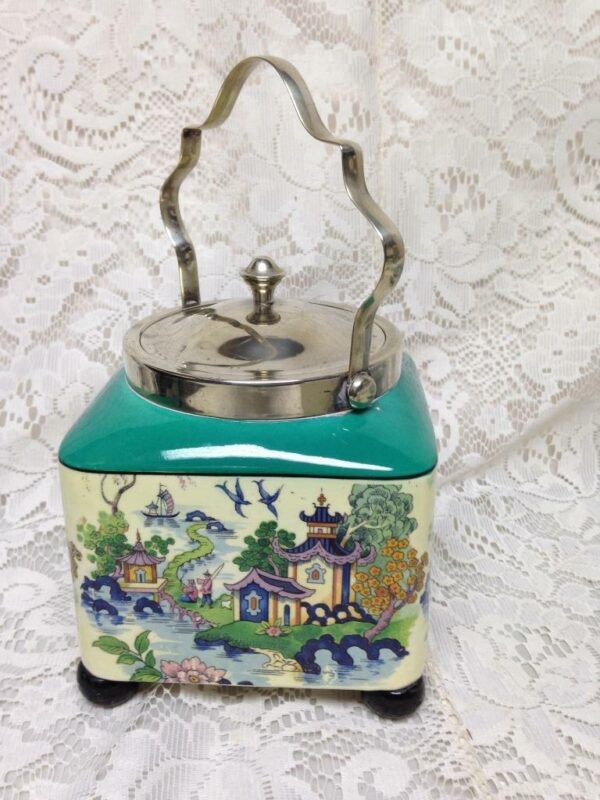 Antique LS & Sons Hanley England Gaudy Blue Willow, 7inx5in Sq. Biscuit Jar (G)