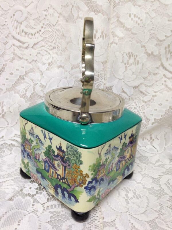 Antique LS & Sons Hanley England Gaudy Blue Willow, 7inx5in Sq. Biscuit Jar (G)