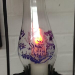 Vintage, Blue Willow Glass-Metal Flickering Candle Electric Lamp 13.5Tx6.5inW