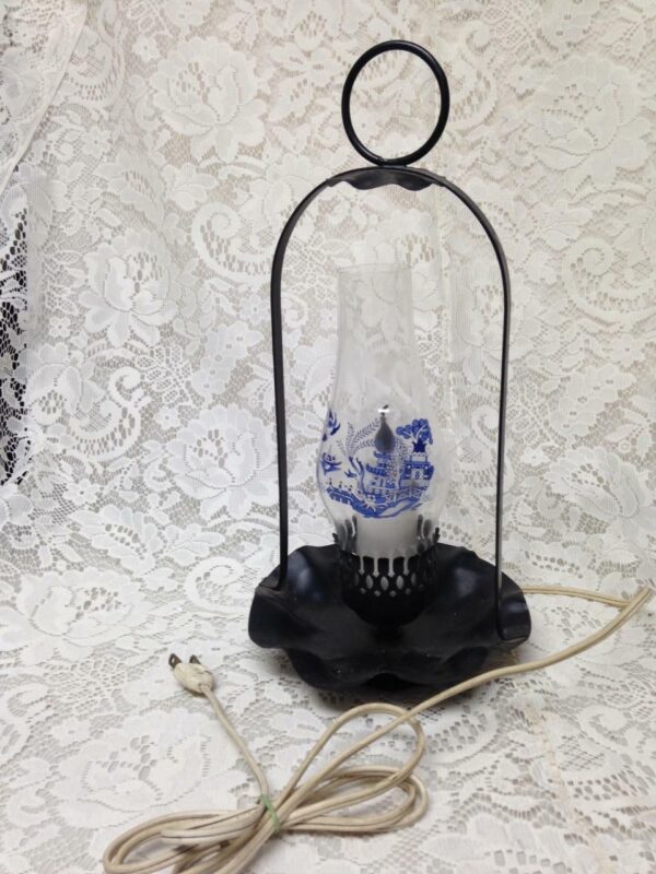 Vintage, Blue Willow Glass-Metal Flickering Candle Electric Lamp 13.5Tx6.5inW