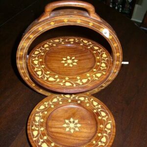 19thC-Early 1900 Inlaid Wood Collapsible Tri-Server