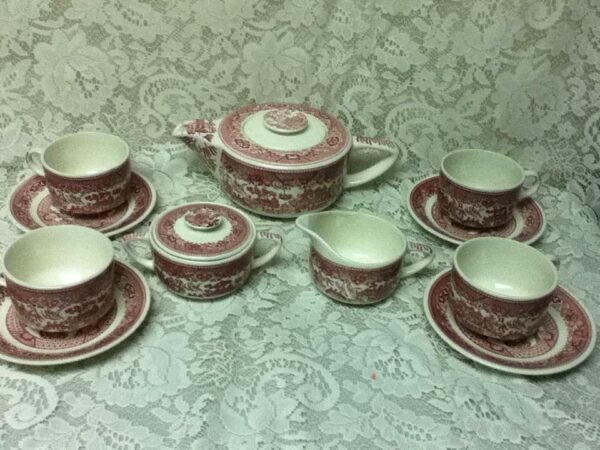 Vintage, Rare, 1940s, USA Willoware, 13-pc Red Willow Tea Set