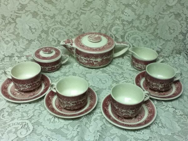 Vintage, Rare, 1940s, USA Willoware, 13-pc Red Willow Tea Set