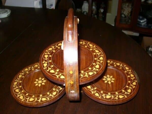 19thC-Early 1900 Inlaid Wood Collapsible Tri-Server