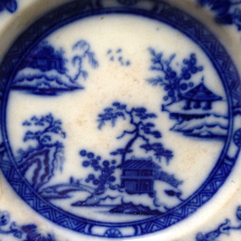 Antique, Rare, Imperial, Hong Kong, Variant Flow Blue Willow 10.5in Dinner Plate