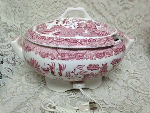 Vintage, Japan, Red Willow 2pc 12in x 9in x 8in Soup Tureen with Electric Cord