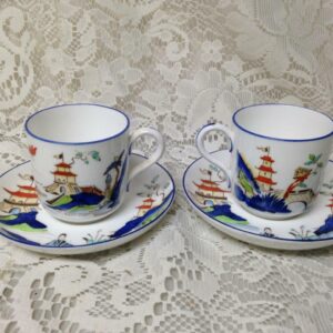 Antique Royal Worcester England Variant Gaudy Blue Willow 2Sets Demi Cup-Saucer