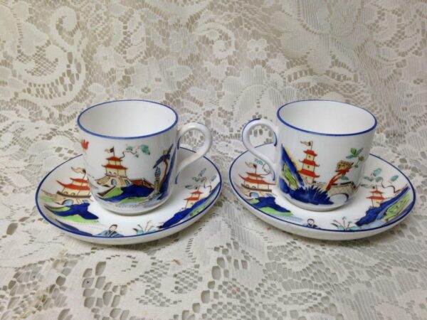 Antique Royal Worcester England Variant Gaudy Blue Willow 2Sets Demi Cup-Saucer