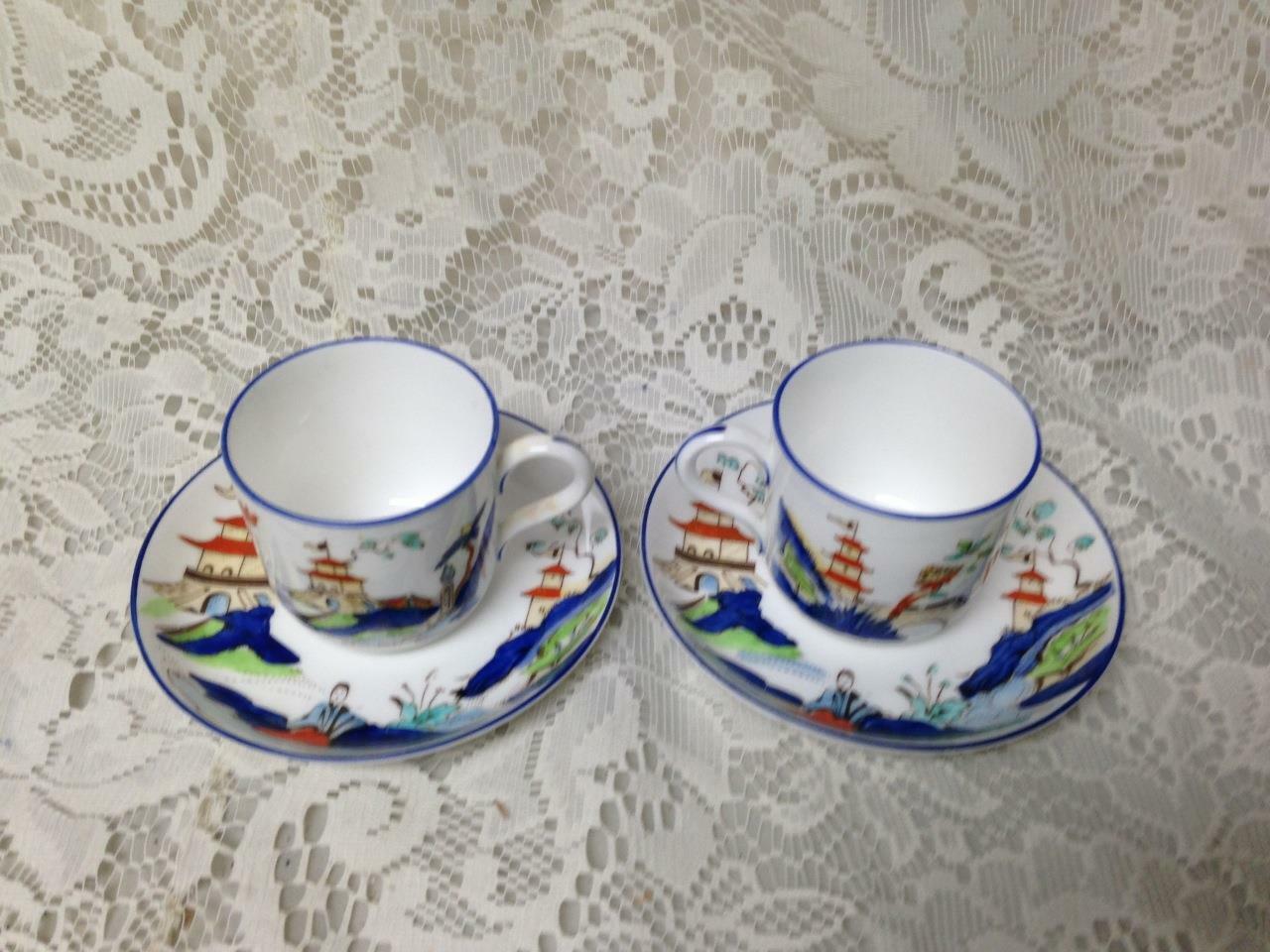 Antique Royal Worcester England Variant Gaudy Blue Willow 2Sets Demi Cup-Saucer