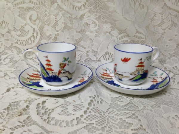 Antique Royal Worcester England Variant Gaudy Blue Willow 2Sets Demi Cup-Saucer